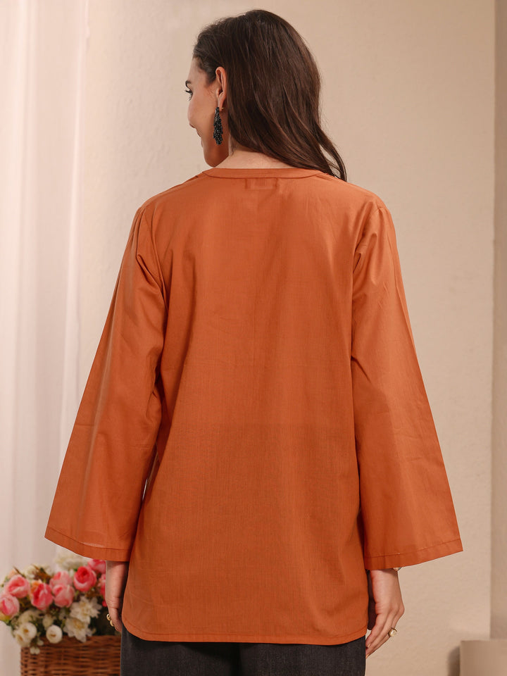 Orange Solid Solid Cotton Straight Short Kurti