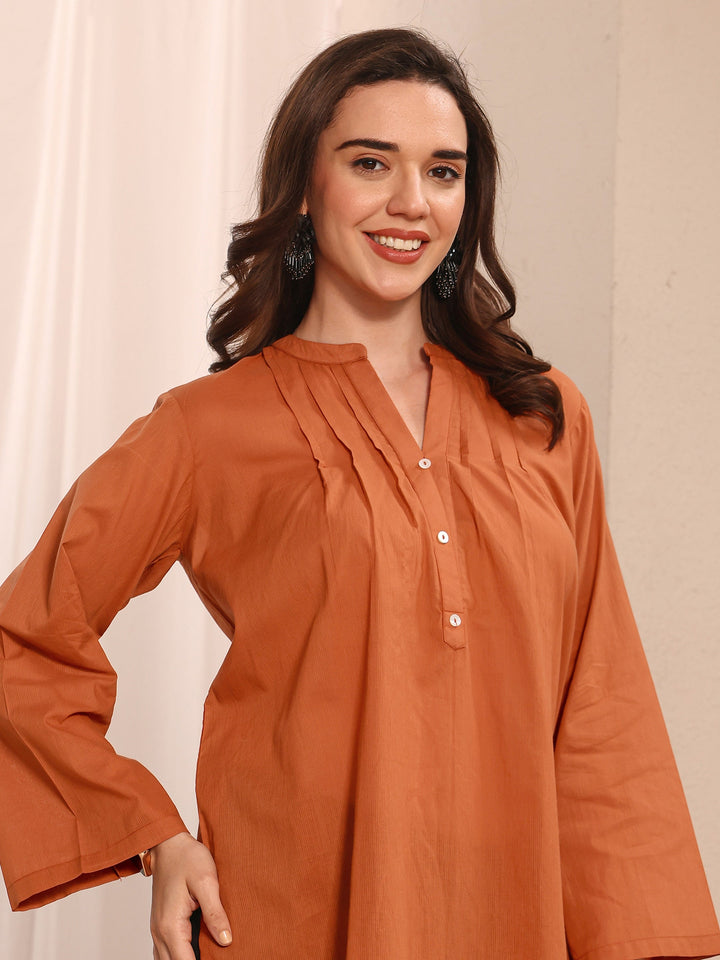 Orange Solid Solid Cotton Straight Short Kurti