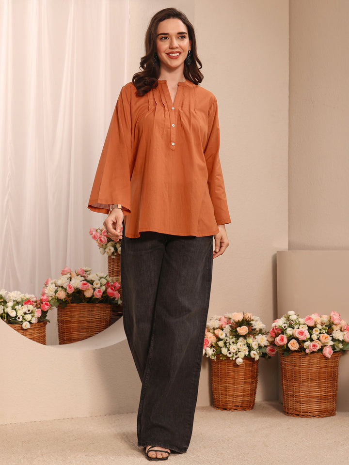 Orange Solid Solid Cotton Straight Short Kurti
