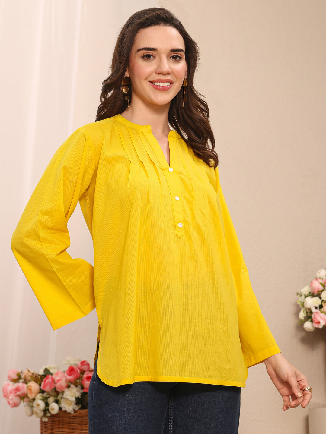 Yellow Solid Solid Cotton Straight Short Kurti