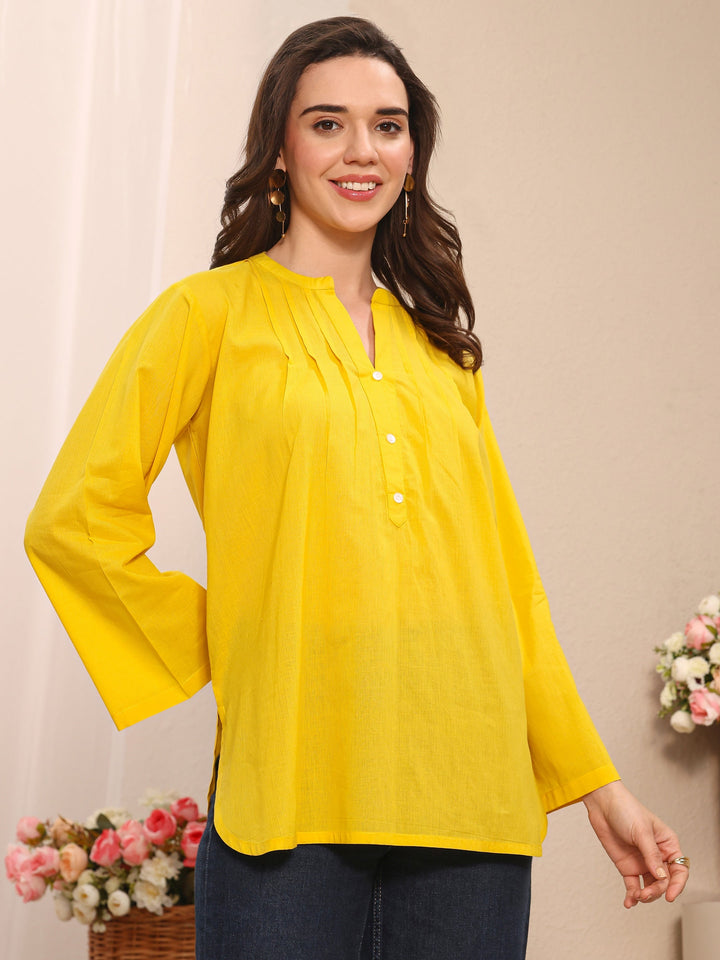 Yellow Solid Solid Cotton Straight Short Kurti