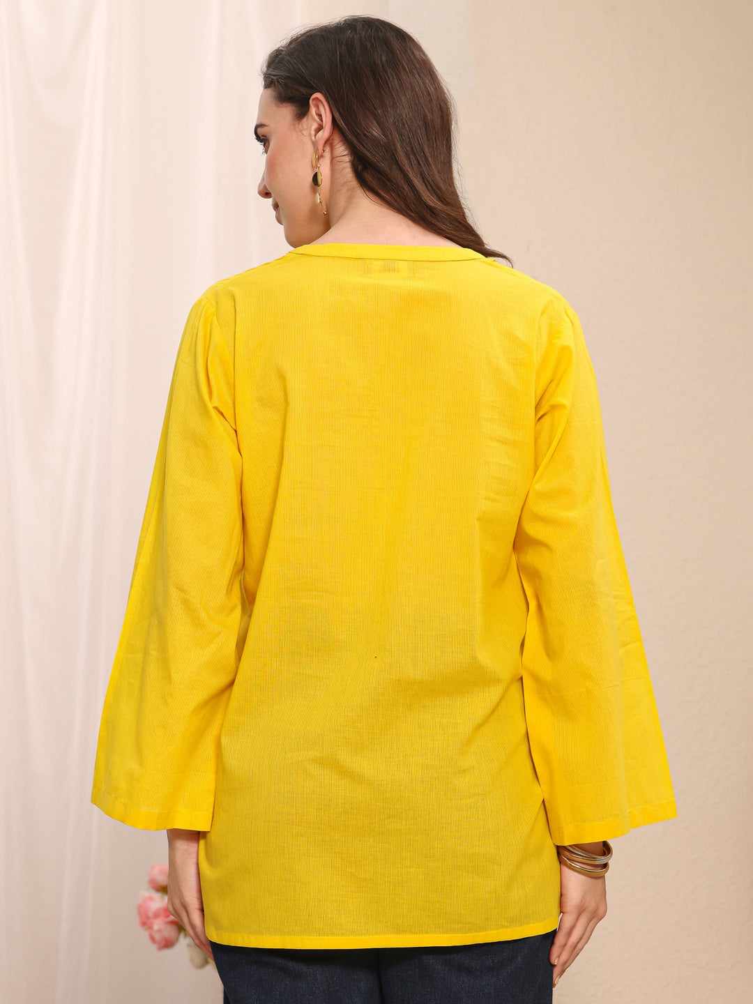 Yellow Solid Solid Cotton Straight Short Kurti