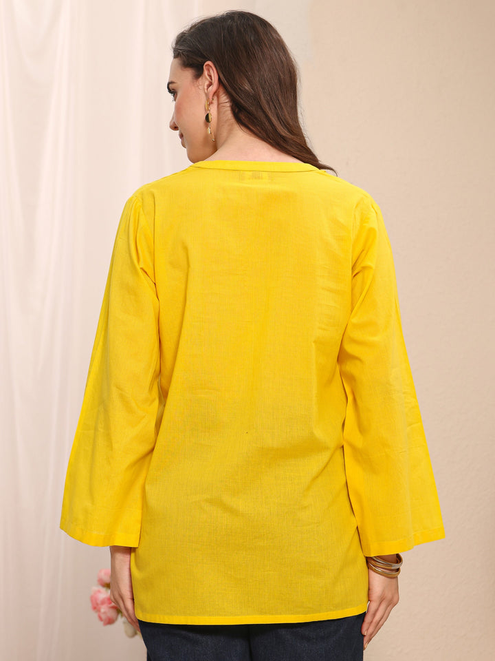 Yellow Solid Solid Cotton Straight Short Kurti