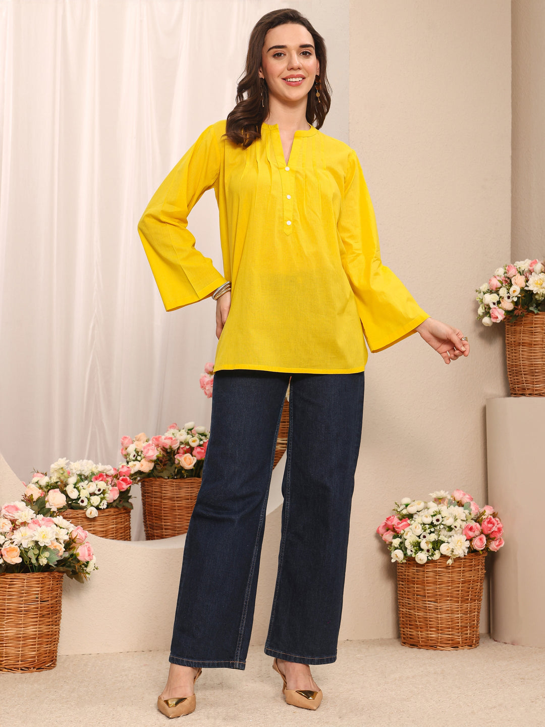 Yellow Solid Solid Cotton Straight Short Kurti