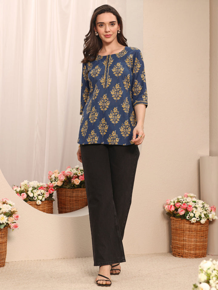 Blue Floral Printed Cotton Straight Short Kurti
