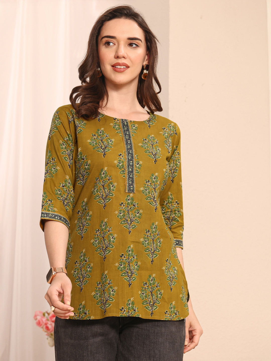 Mustard Floral Printed Cotton Straight Short Kurti