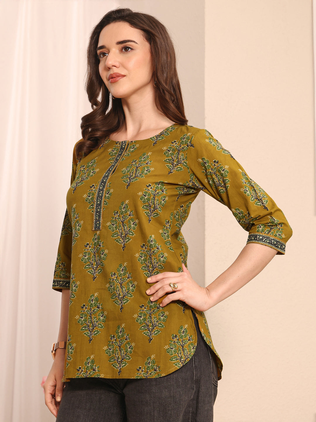 Mustard Floral Printed Cotton Straight Short Kurti