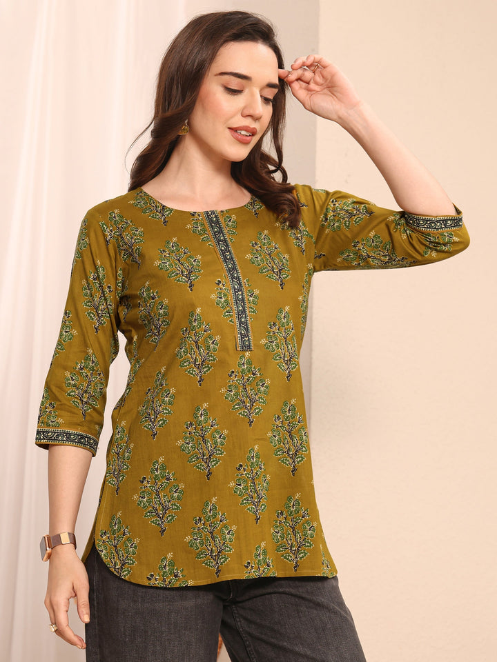 Mustard Floral Printed Cotton Straight Short Kurti