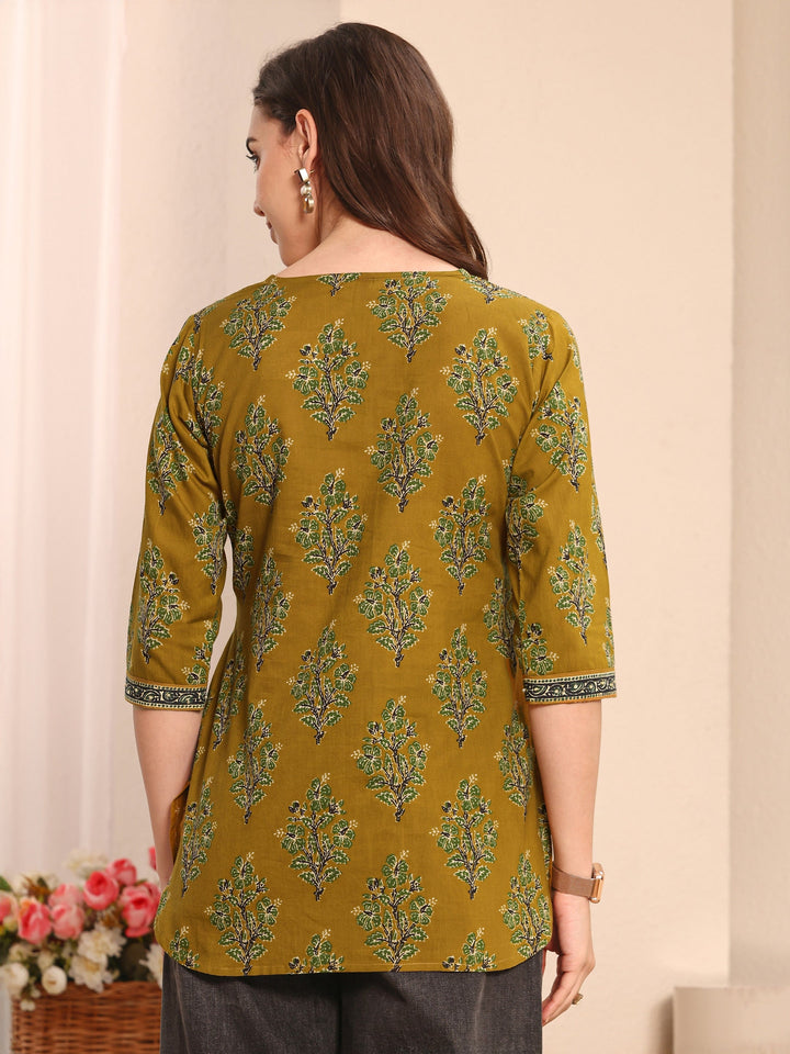 Mustard Floral Printed Cotton Straight Short Kurti