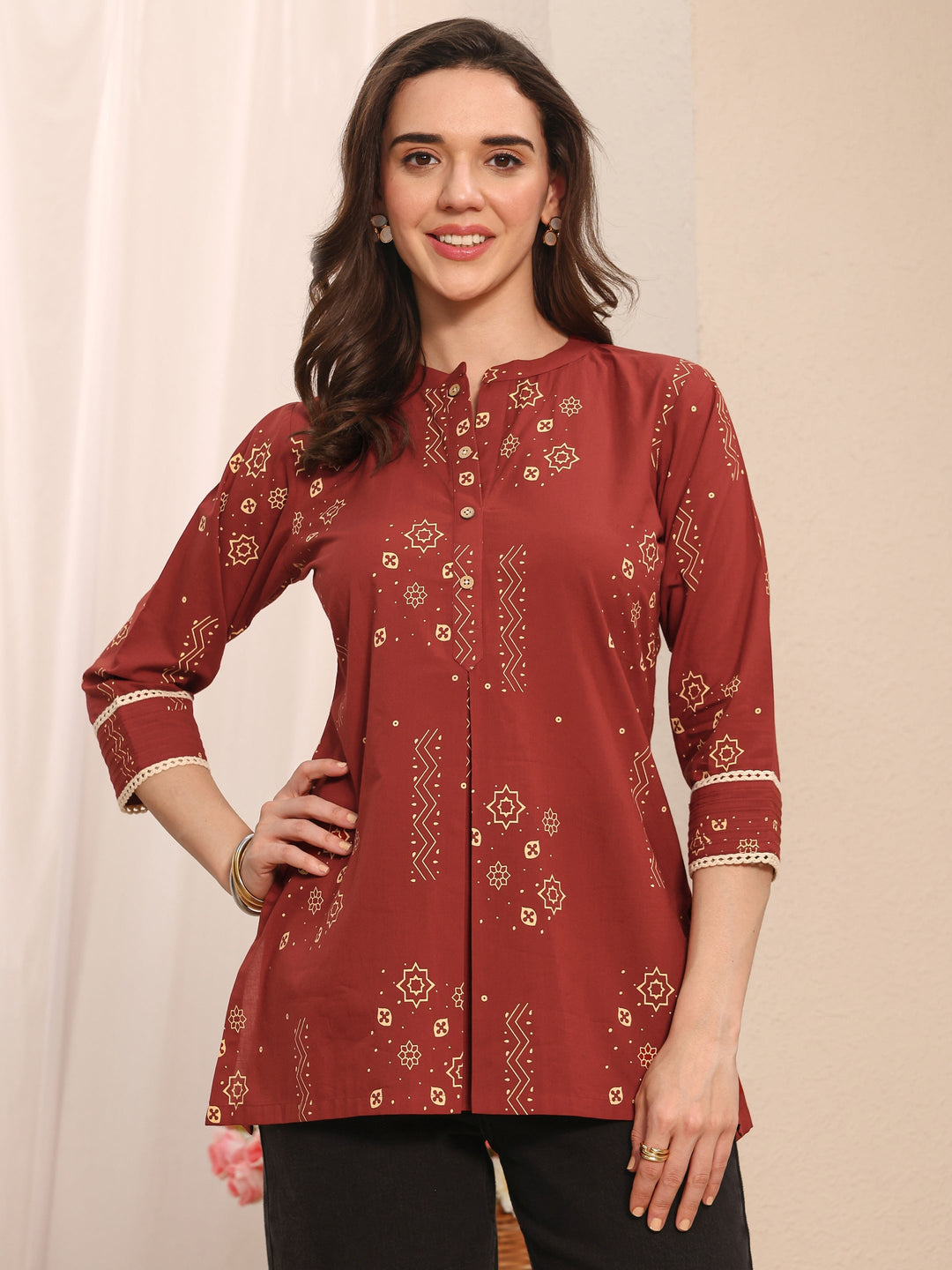 Rust Ethnic Printed Cotton Straight Short Kurti