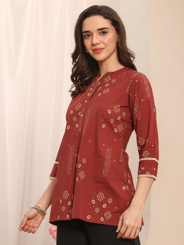 Rust Ethnic Printed Cotton Straight Short Kurti