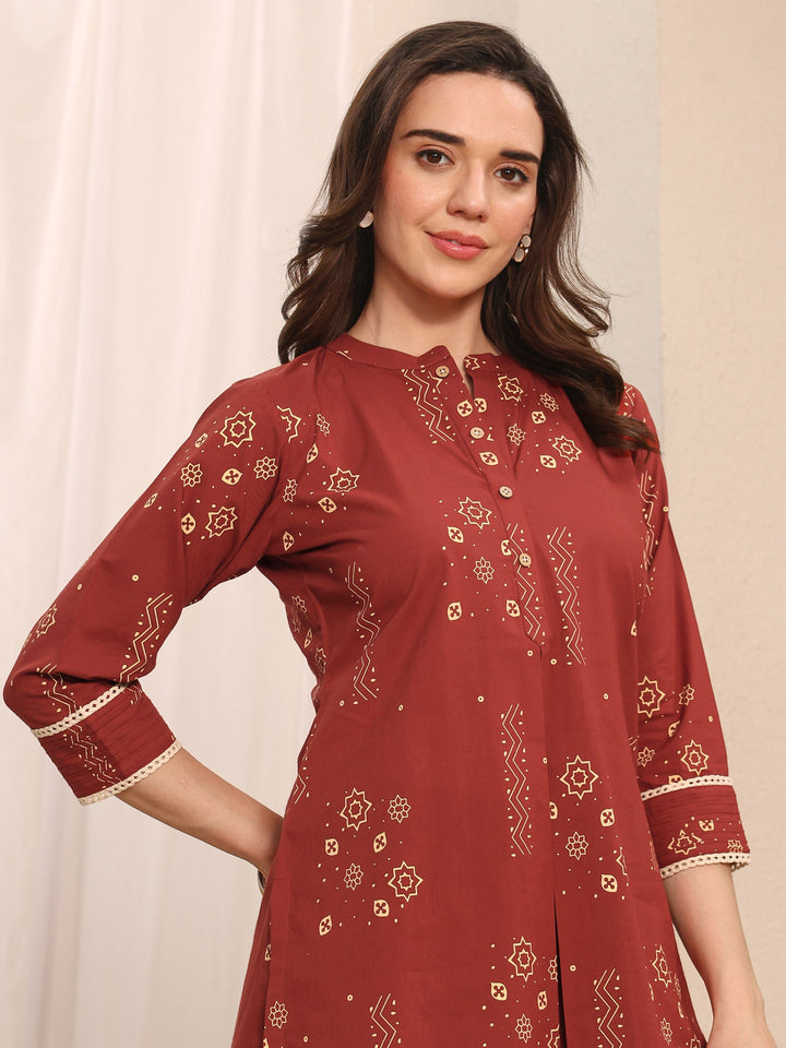 Rust Ethnic Printed Cotton Straight Short Kurti