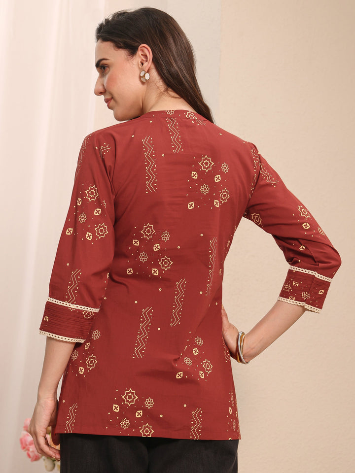 Rust Ethnic Printed Cotton Straight Short Kurti