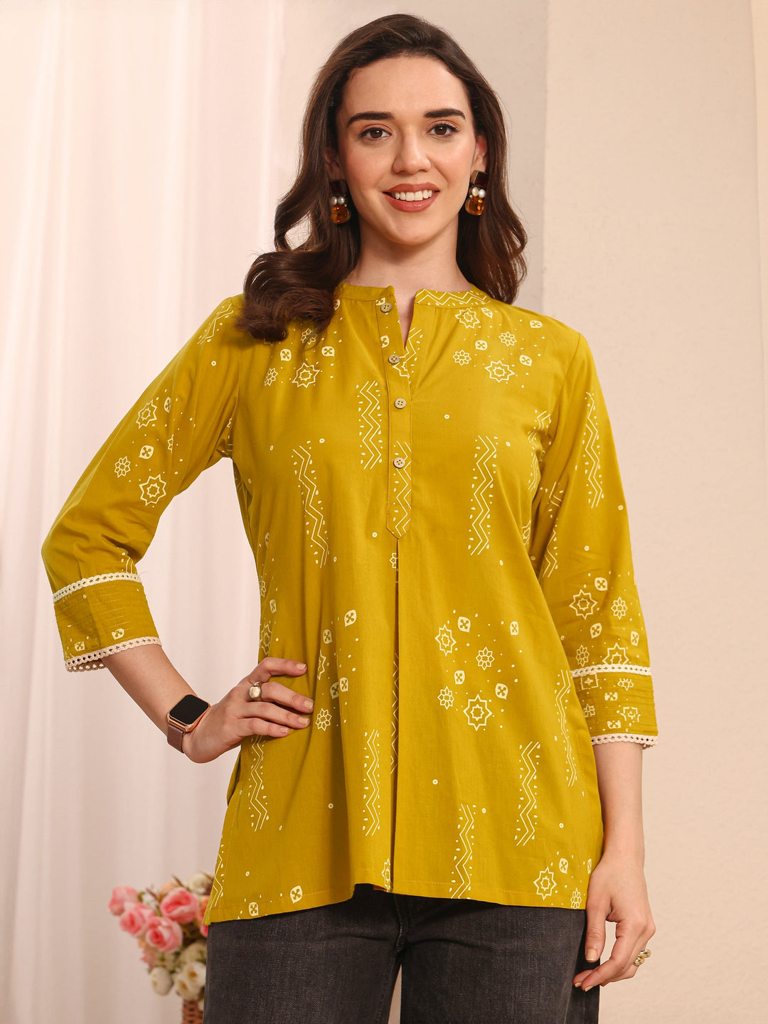 Mustard Ethnic Printed Cotton Straight Short Kurti