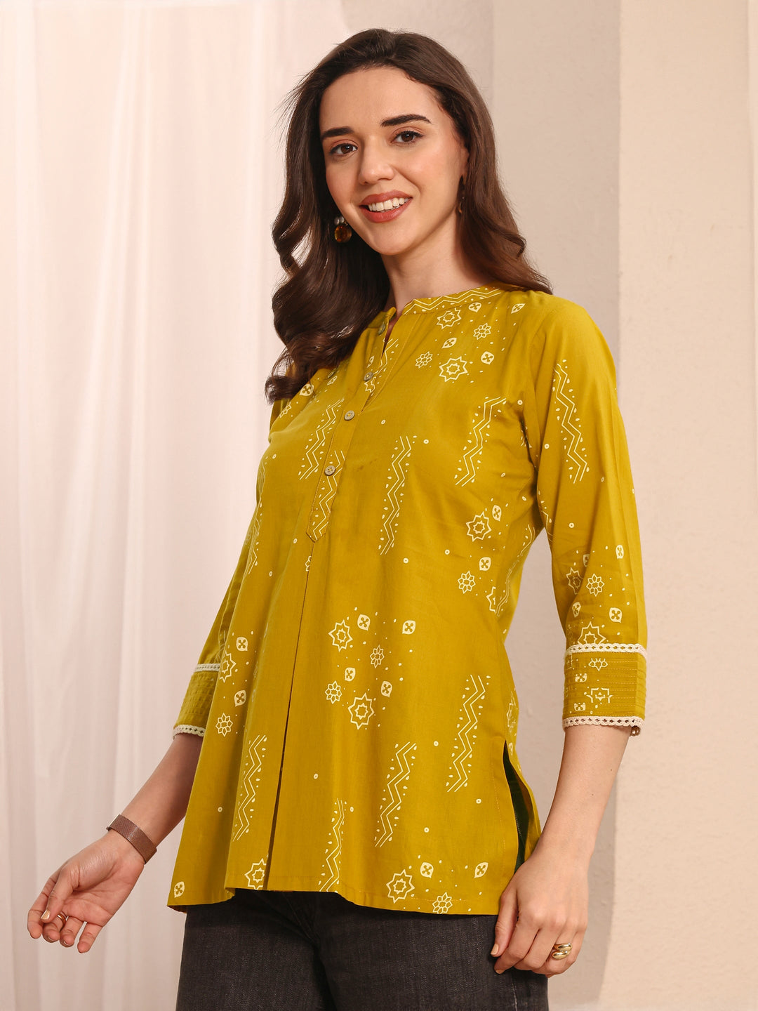 Mustard Ethnic Printed Cotton Straight Short Kurti