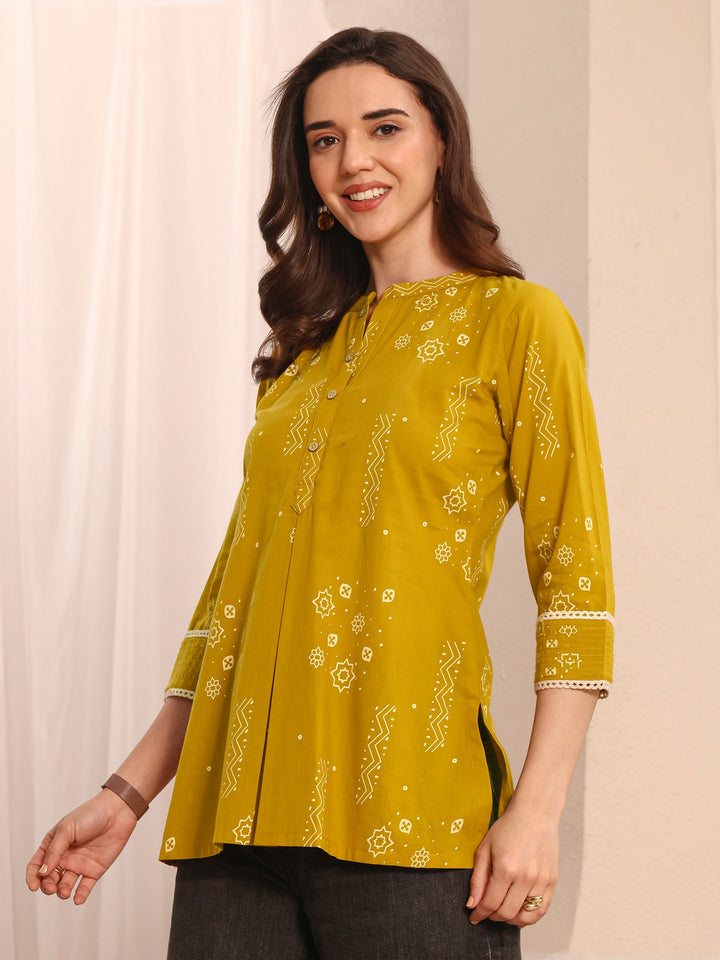 Mustard Ethnic Printed Cotton Straight Short Kurti