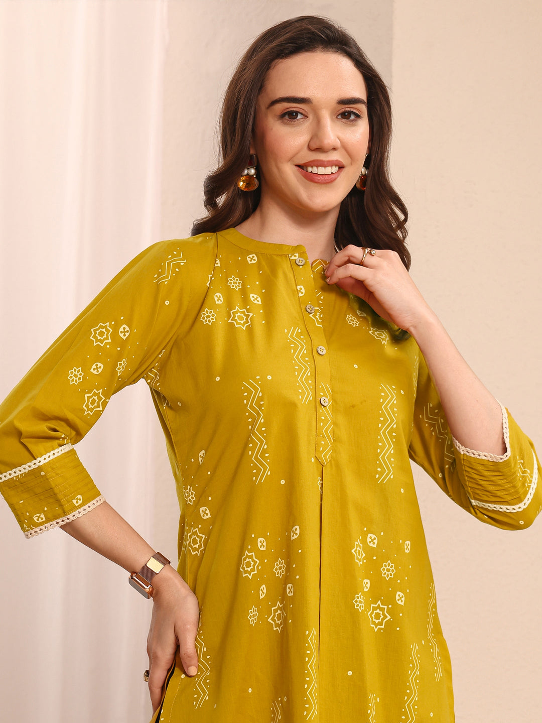 Mustard Ethnic Printed Cotton Straight Short Kurti