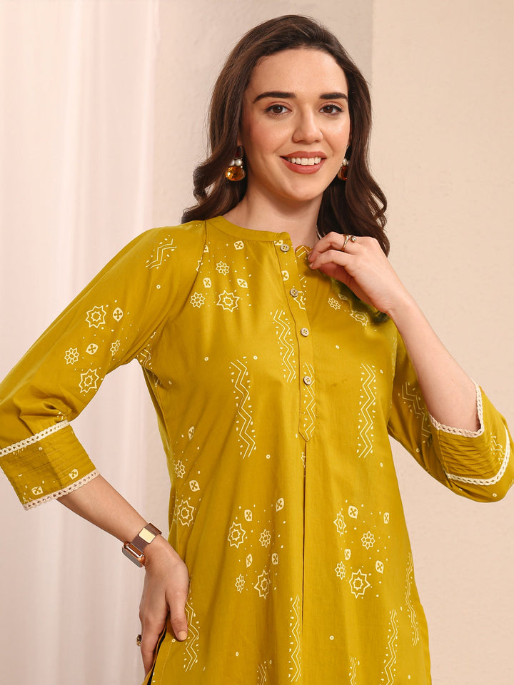 Mustard Ethnic Printed Cotton Straight Short Kurti