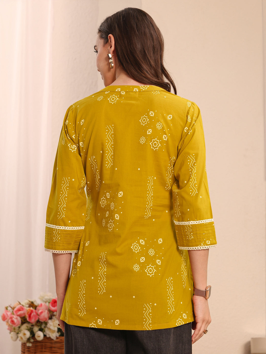 Mustard Ethnic Printed Cotton Straight Short Kurti