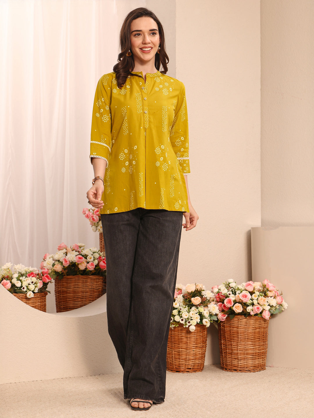 Mustard Ethnic Printed Cotton Straight Short Kurti