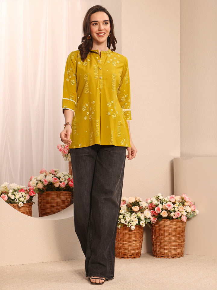Mustard Ethnic Printed Cotton Straight Short Kurti