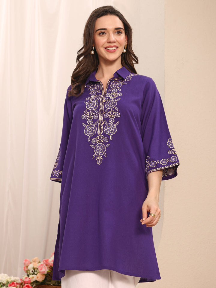 Purple Floral Embroidered Cotton Straight Short Kurti