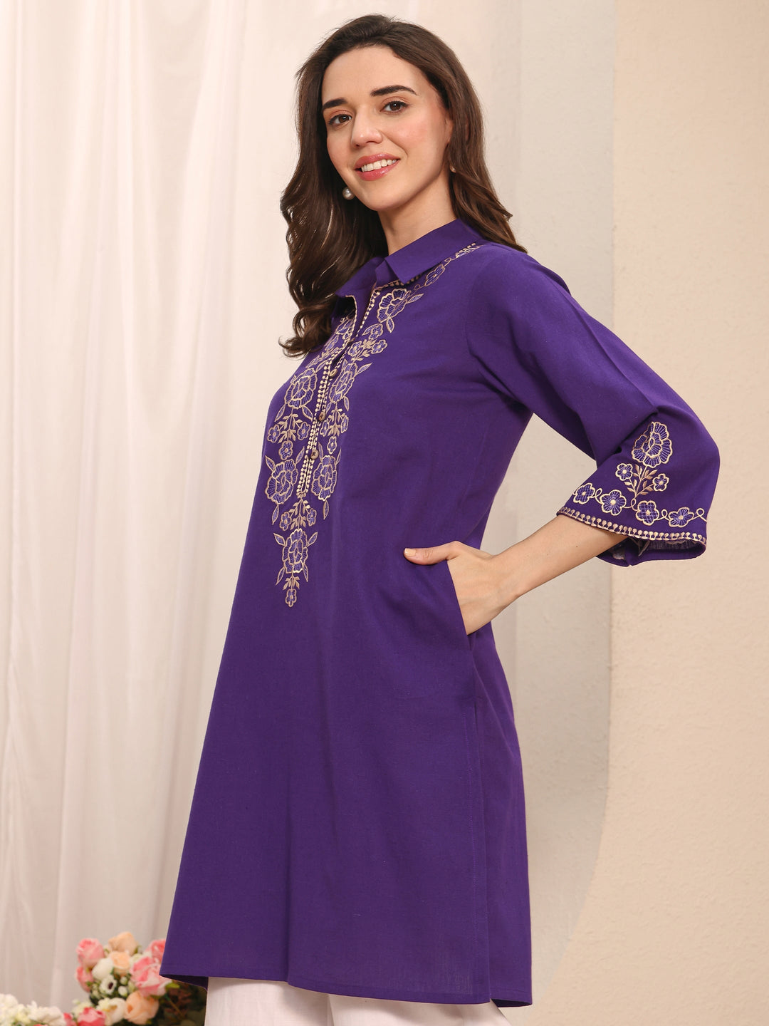 Purple Floral Embroidered Cotton Straight Short Kurti
