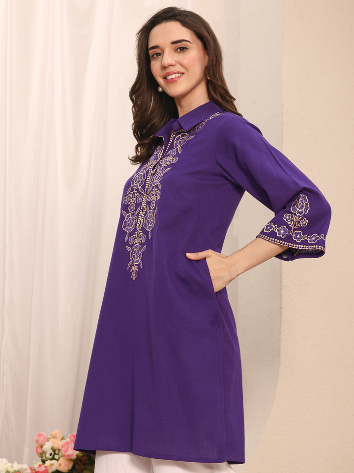 Purple Floral Embroidered Cotton Straight Short Kurti