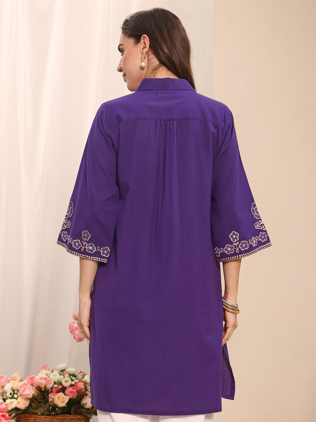 Purple Floral Embroidered Cotton Straight Short Kurti