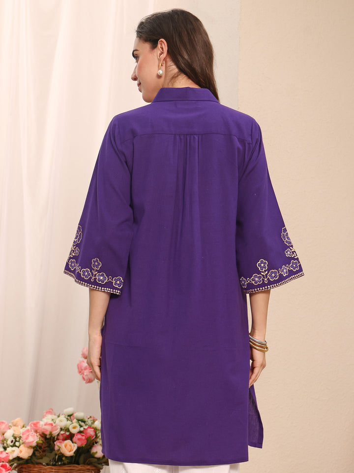 Purple Floral Embroidered Cotton Straight Short Kurti