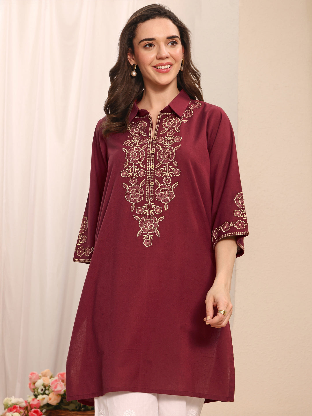 Rust Floral Embroidered Cotton Straight Short Kurti