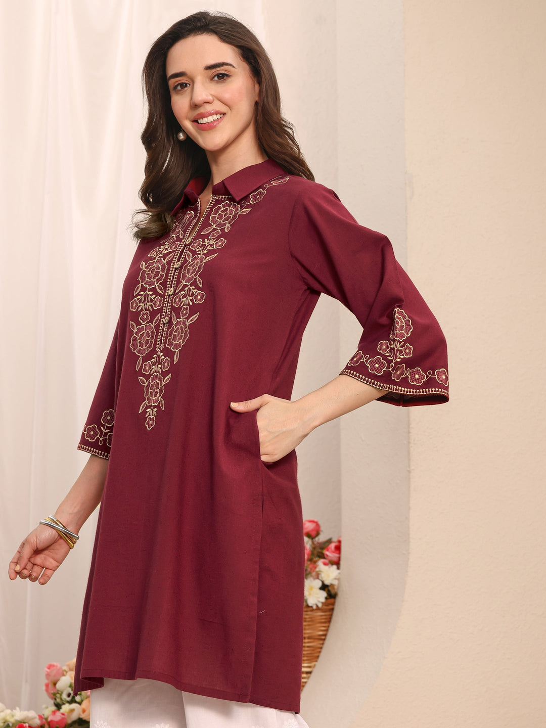 Rust Floral Embroidered Cotton Straight Short Kurti