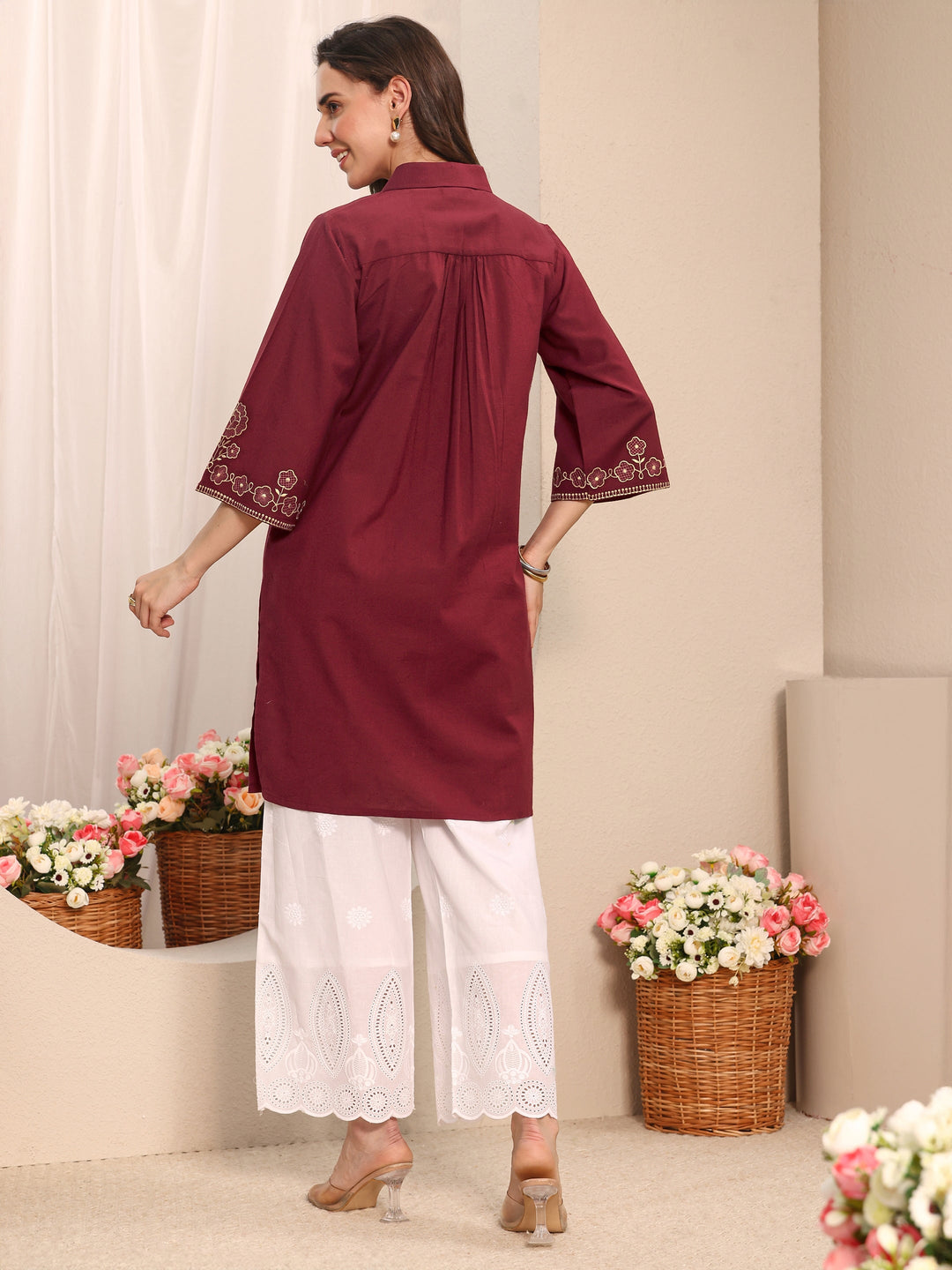 Rust Floral Embroidered Cotton Straight Short Kurti