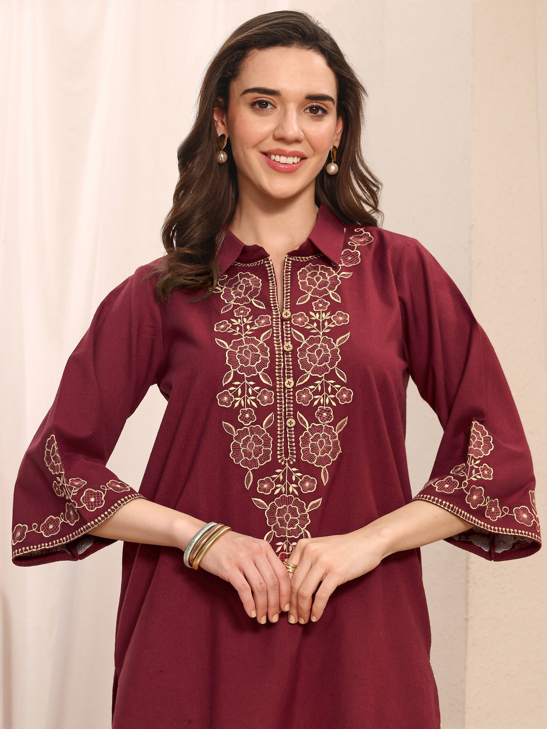Rust Floral Embroidered Cotton Straight Short Kurti