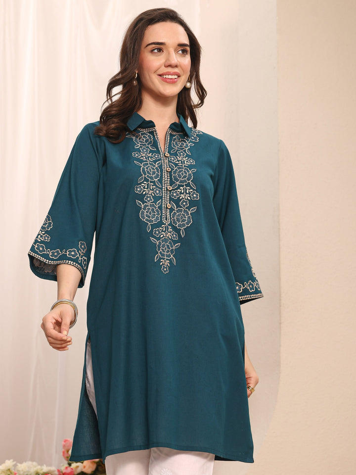 Blue Floral Embroidered Cotton Straight Short Kurti
