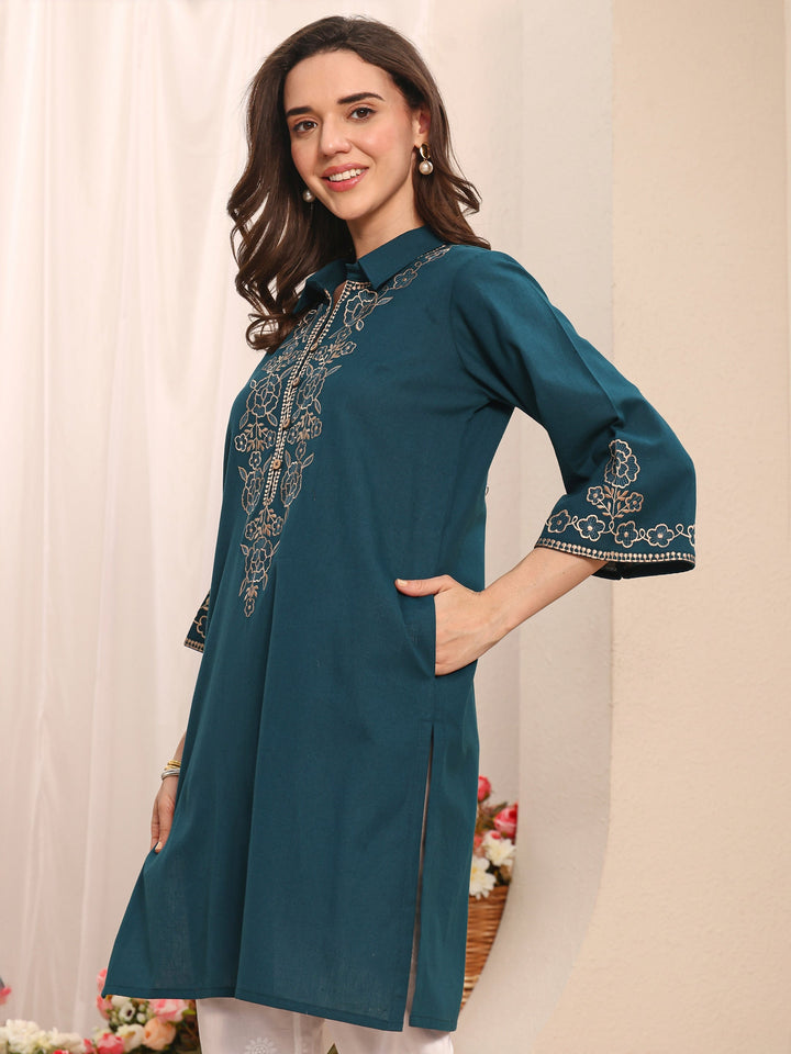 Blue Floral Embroidered Cotton Straight Short Kurti