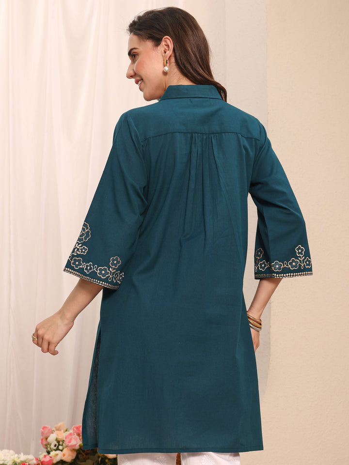 Blue Floral Embroidered Cotton Straight Short Kurti