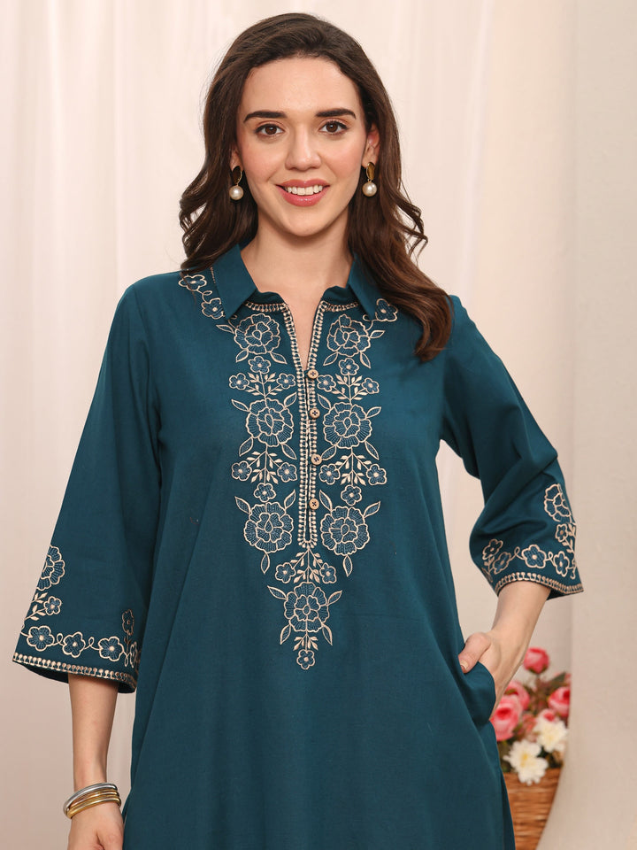 Blue Floral Embroidered Cotton Straight Short Kurti