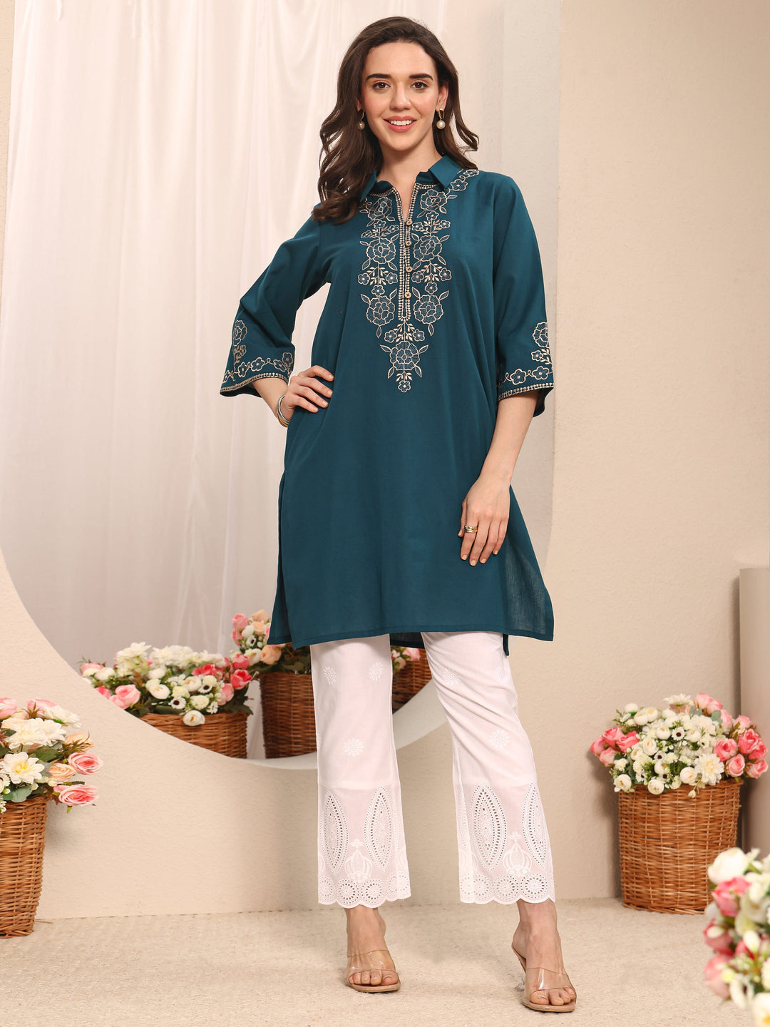 Blue Floral Embroidered Cotton Straight Short Kurti