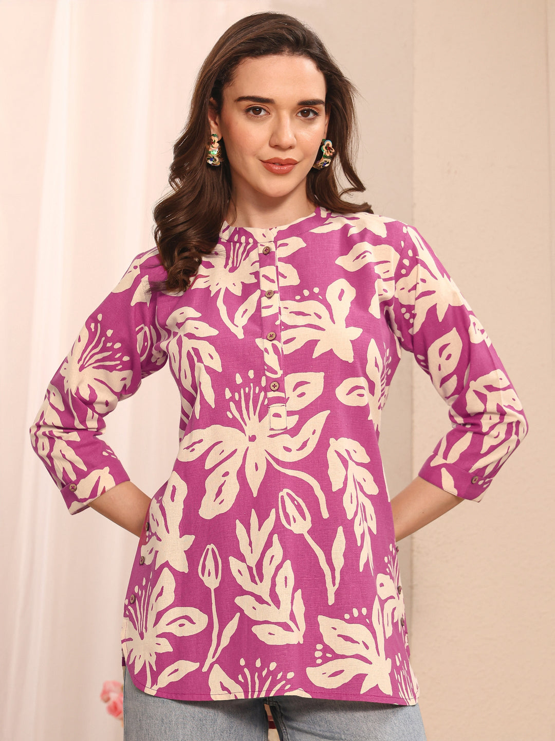 Pink Floral Printed Cotton Straight Short Kurti