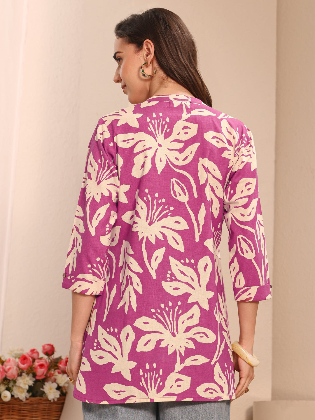 Pink Floral Printed Cotton Straight Short Kurti