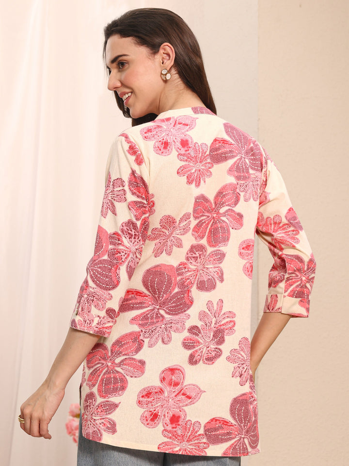 Off White Floral Printed Cotton Straight Short Kurti