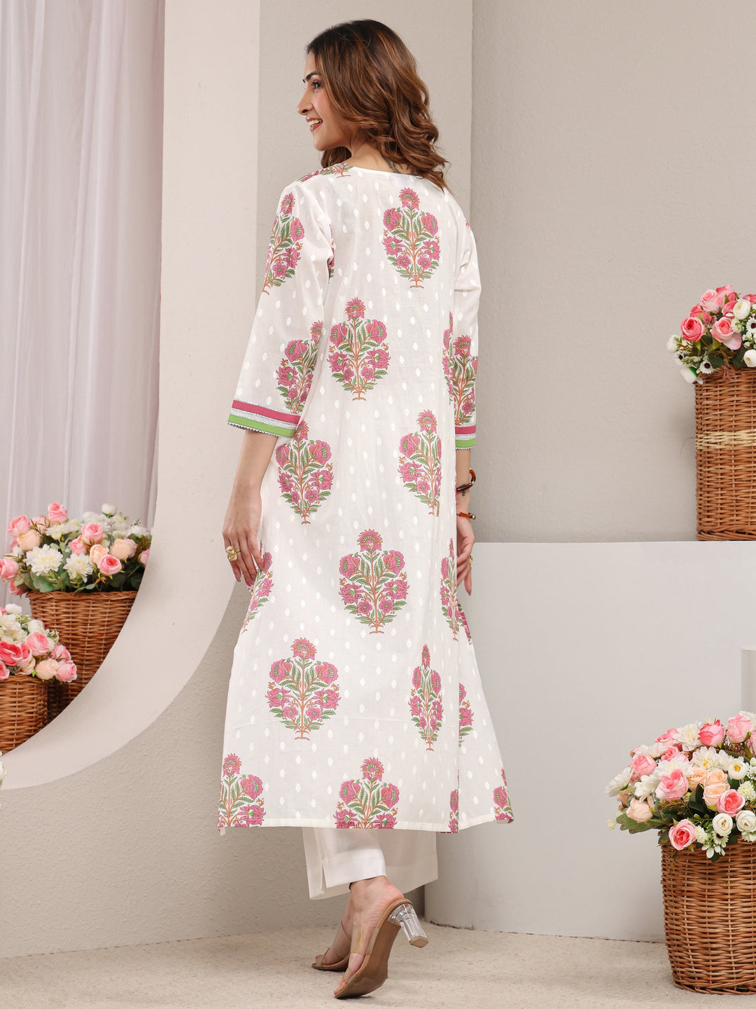 White Floral Printed Cotton A-Line Kurta