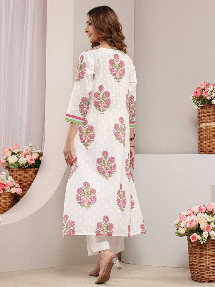 White Floral Printed Cotton A-Line Kurta