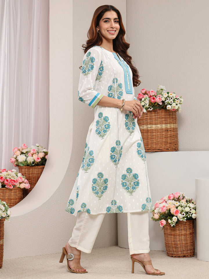 White Floral Printed Cotton A-Line Kurta