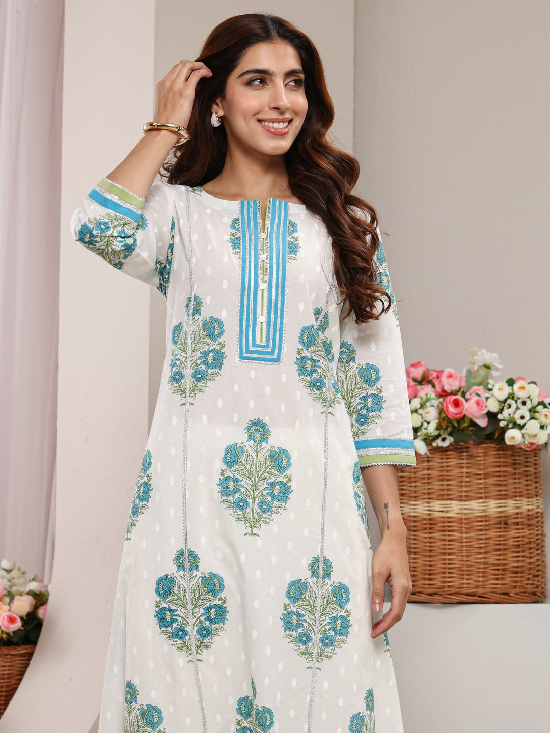 White Floral Printed Cotton A-Line Kurta