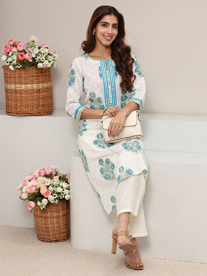 White Floral Printed Cotton A-Line Kurta