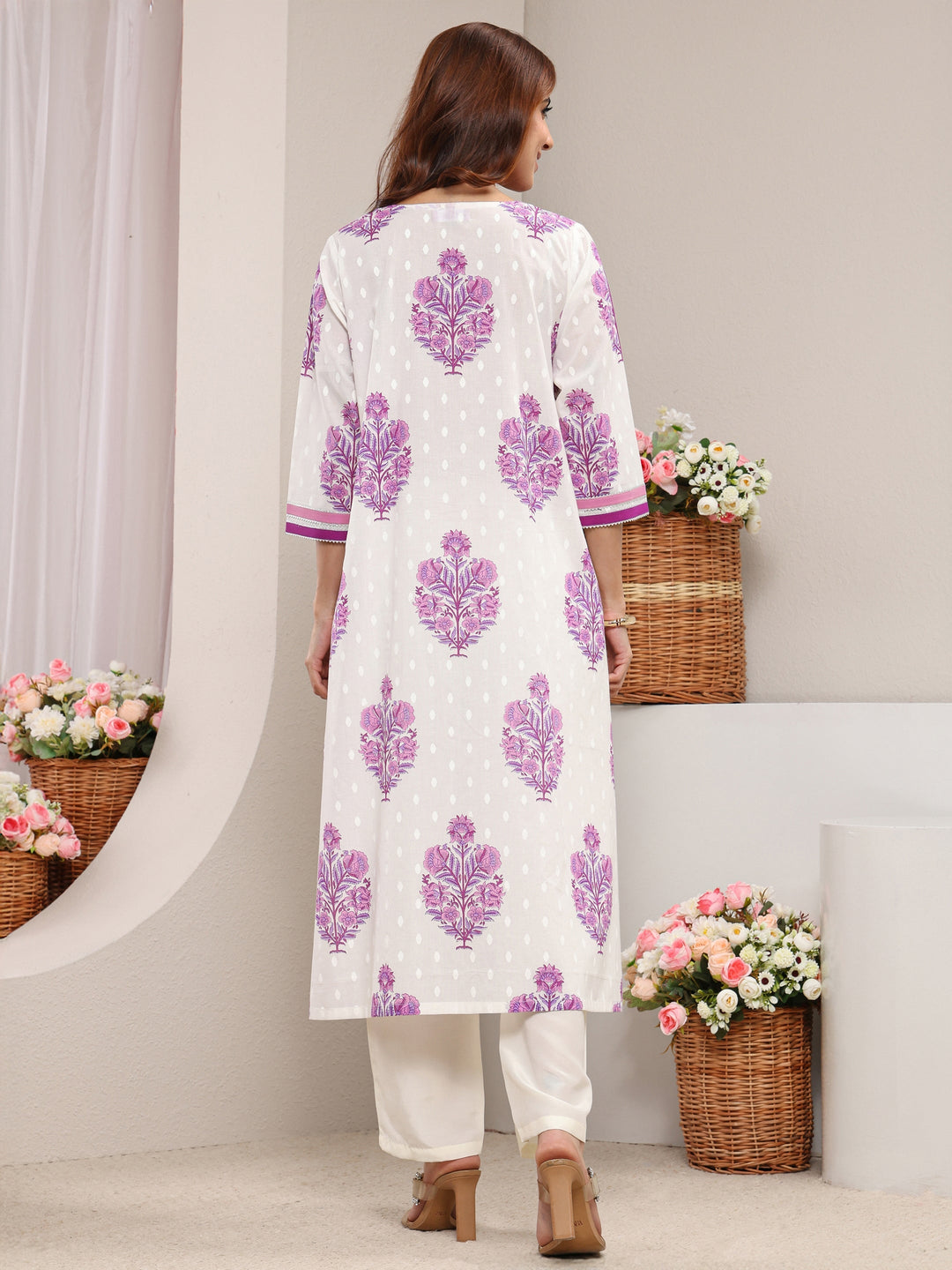 White Floral Printed Cotton A-Line Kurta