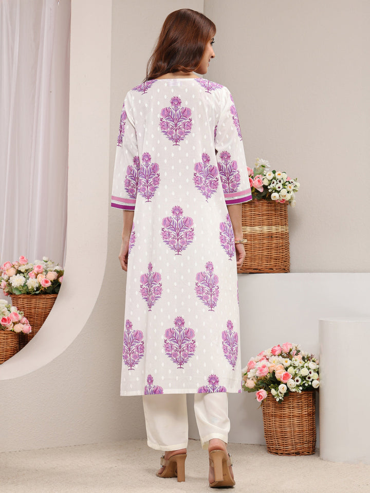 White Floral Printed Cotton A-Line Kurta