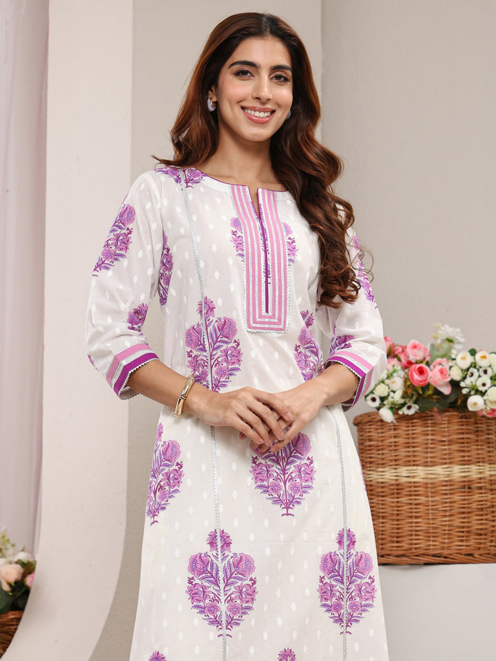 White Floral Printed Cotton A-Line Kurta